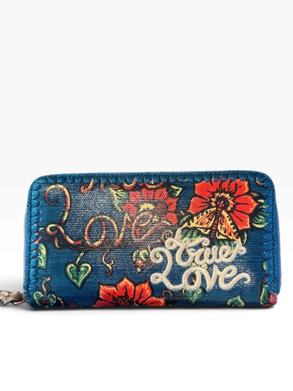 Sakroots "True Love" Floral Butterfly Zip Around Wristlet Wallet Blue Canvas
